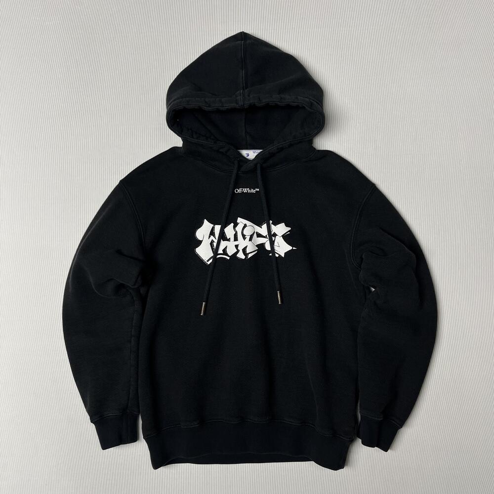 Off-White Hoodie Mens Large Black Pullover Graffiti Logo Fleece Sweatshirt